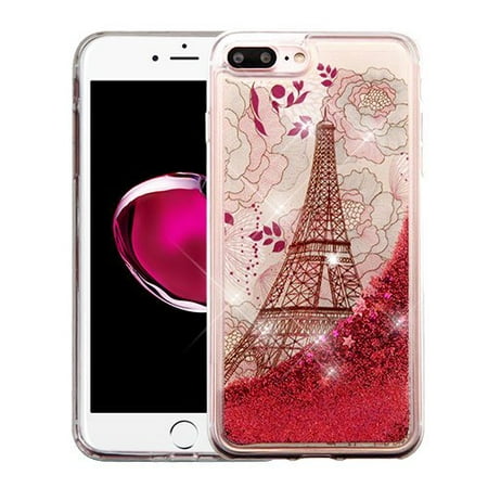 Apple iPhone 7 Plus Case - Wydan Slim Hybrid Liquid Bling Glitter Sparkle Quicksand Waterfall Shockproof TPU Phone Cover Eiffel Tower - Rose Gold
