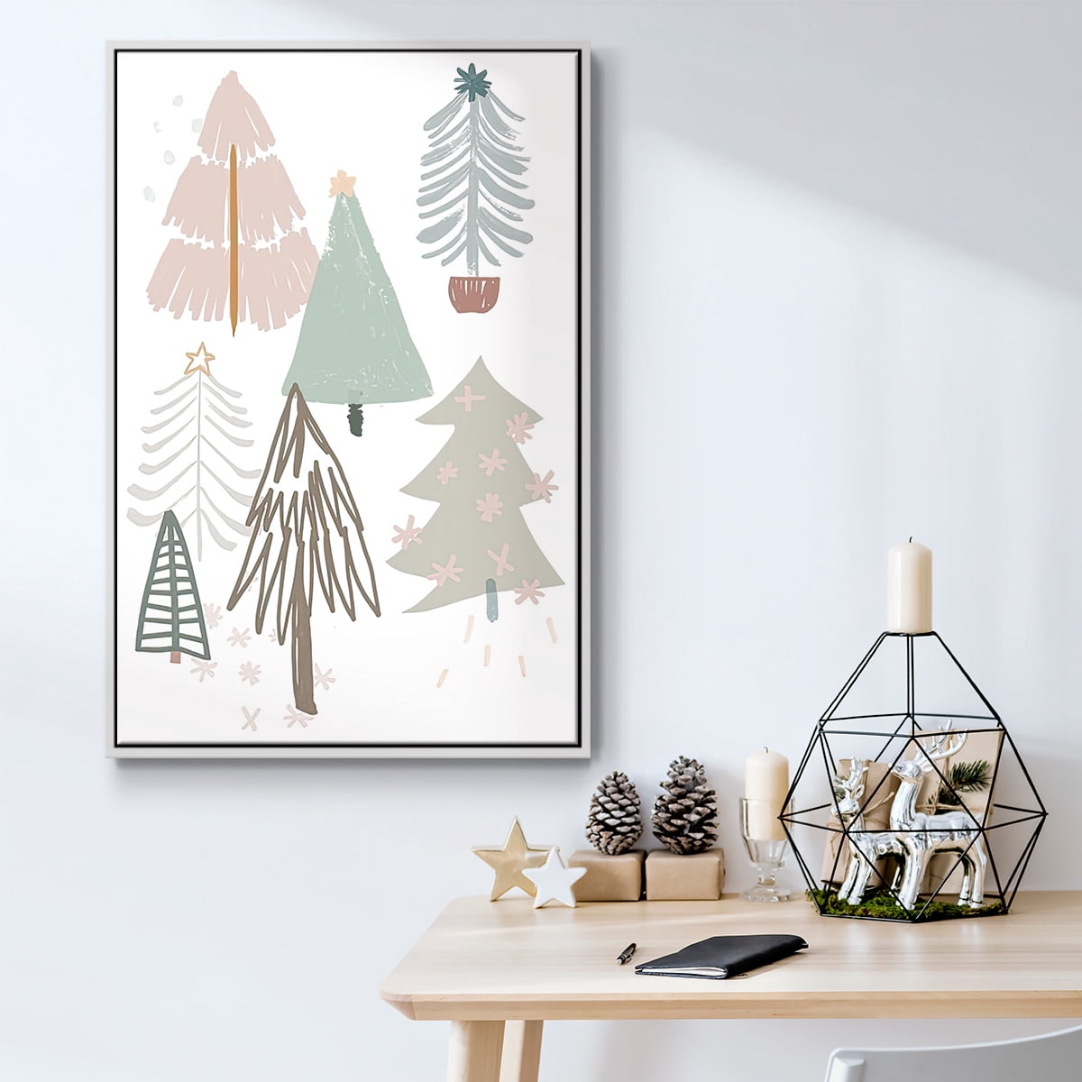 Christmas Tree Sketchbook Collection B - Framed Gallery Wrapped Holiday Canvas - 27 x 41 - White Frame