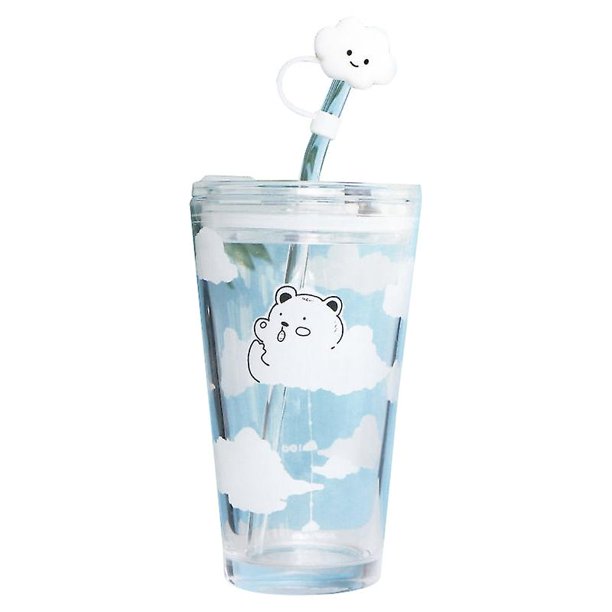 Vaso de agua de vidrio con forma de oso de nube de 480 ml, vaso de pajita portátil y sencillo para estudiantes con tapa sellada