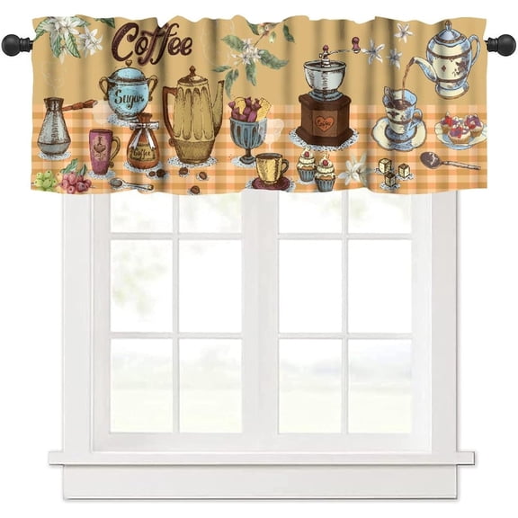 Coffee Kitchen Valances for Windows,Orange Vintage Plaid Coffee Theme Ambiance Farmhouse Style Print Window Treatment Valance Rod Pocket Short Curtain for Living Room Cafe Office 54x18inch