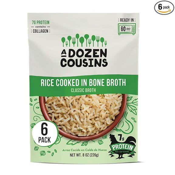 A Dozen Cousins Rice Cooked in Bone Broth, Collagen-Rich Gluten-Free Microwave Side Dish, 8 oz Pouch