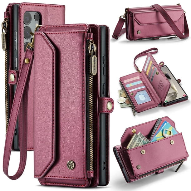 Bandolera para Samsung Galaxy S25 Ultra Case Wallet 【Bloqueo RFID】con Ranura para Billetes con Cremallera y 10 Tarjeteros,Correa magnética para Hombro y muñeca de Cuero PU Suave