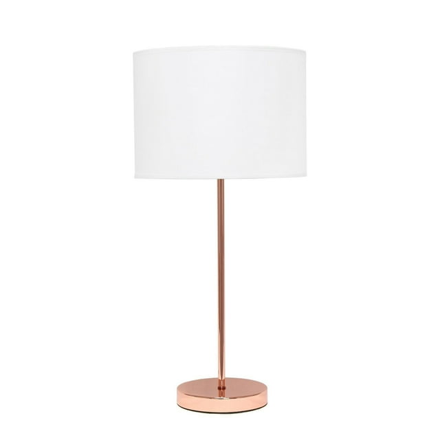Simple Designs rose gold stick lamp featuring a sleek metal base and stand with a white fabric drum shade