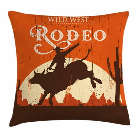Wilderness Accent - Vintage Throw Pillow Cushion Cover, Rodeo Cowboy Riding Bull Wooden Old Sign Western Wilderness at Sunset, Decorative Square Accent Pillow Case, 16 X 16 Inches, Vermilion Redwood Cream, by Ambesonne