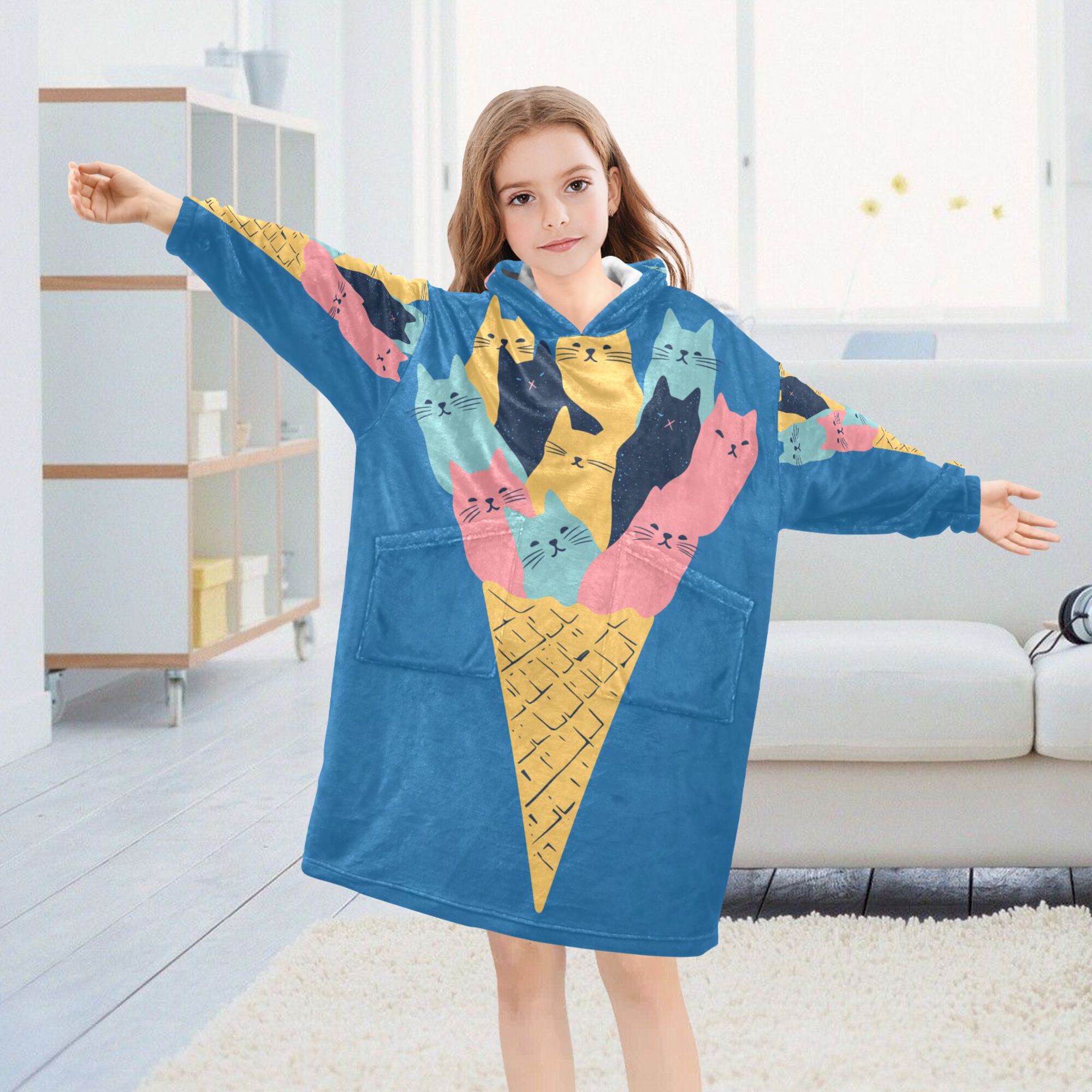 FORMRS Wearable Blanket Hoodie with Sleeves for Kids Cozy Flannel Sweatshirt, Colorful Ice Cream Cat