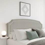 Home Design Cora Upholstered Full Headboard with Nailhead Trim and Adjustable Height, Warm Gray, Easy assembly