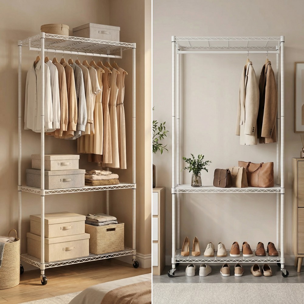 Rolling Clothes Rack, Heavy Duty Garment Rack with 3-Tier Wire Shelves & Hanging Rod, Freestanding Closet Organizer with 360° Wheels, White