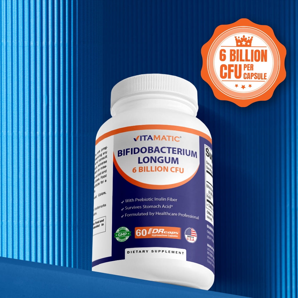 Vitamatic Bifidobacterium Longum 6 Billion CFU per DR Capsule - 60 Count - Promotes Intestinal Health - Made with Prebiotic Inulin Fiber- 2 Pack