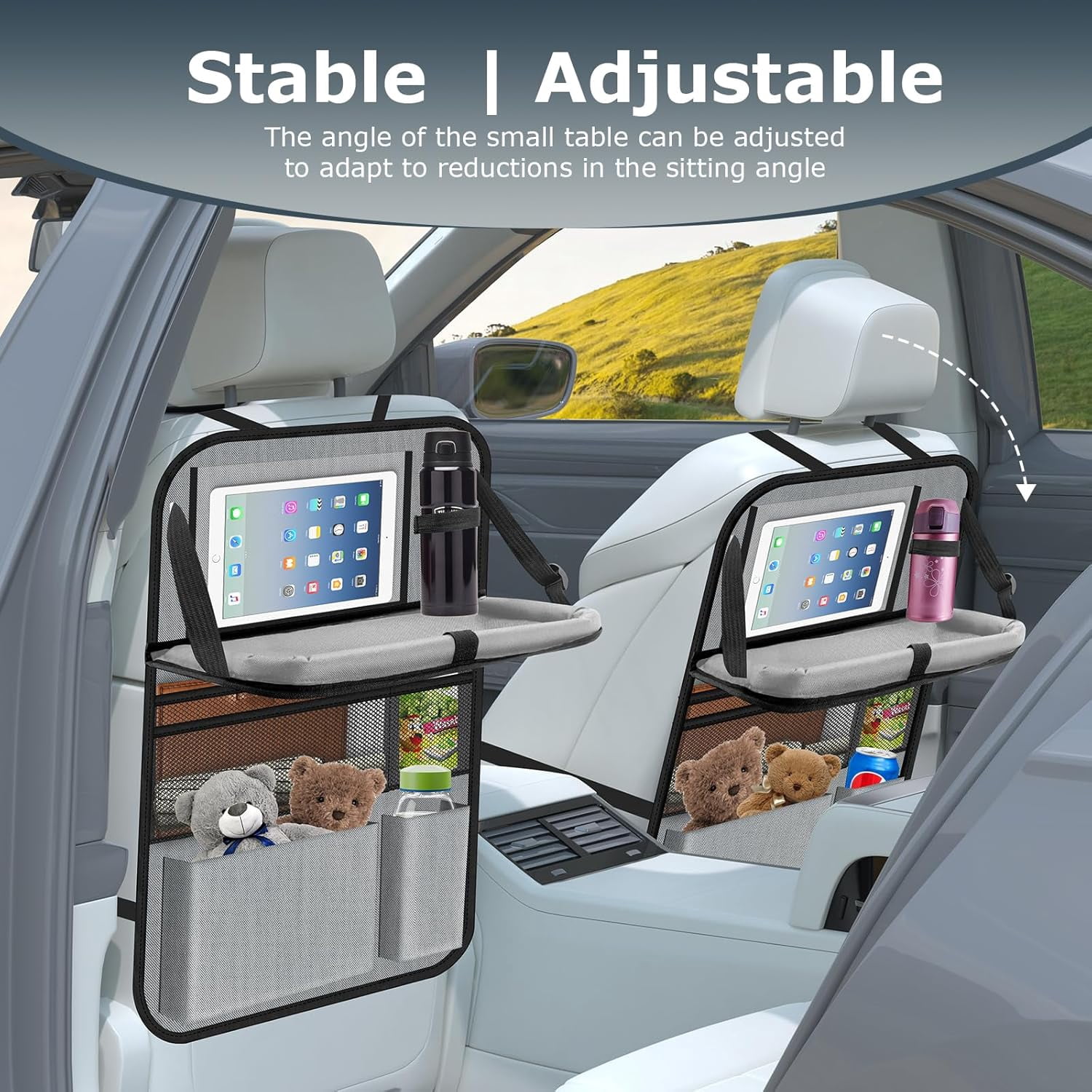 Car Backseat Organizer with table Tray, 9 Storage Pockets Backseat Car Organizer with Tablet Holder, Back seat Organizer for Kids Road Trip Essentials Travel (1Pack)