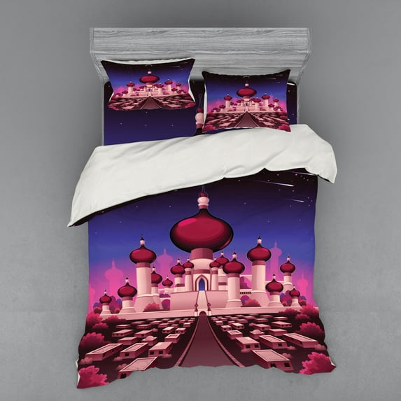 Ambesonne Fantasy Bedding Set 4 Pcs, Castle at Night, Queen, Indigo Magenta Pink
