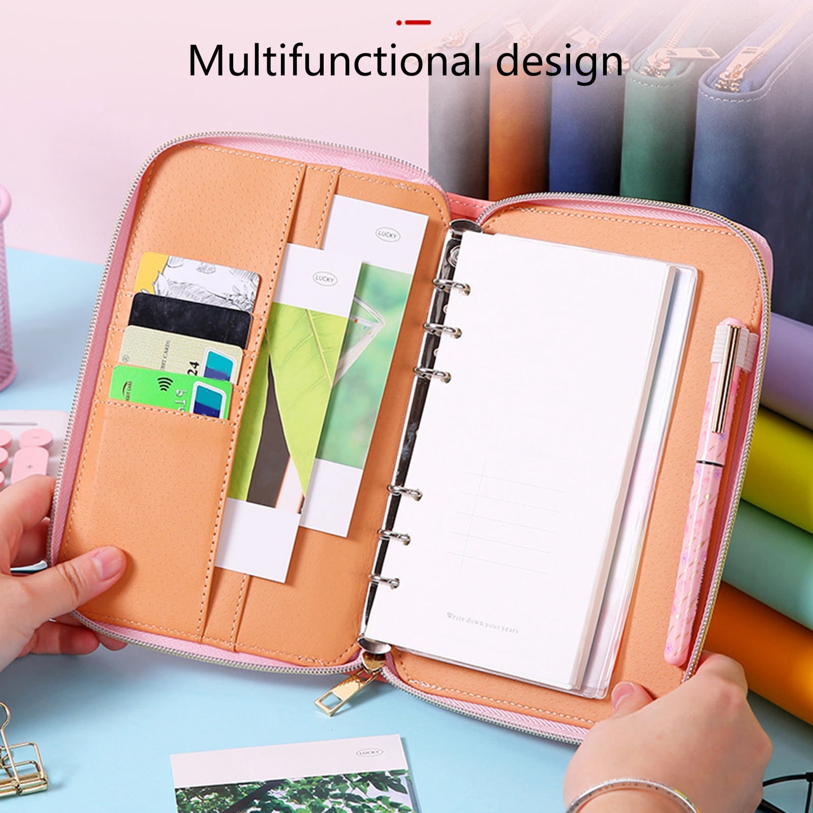 Refillable PU Leather 6-Ring Binder Cover with Zippered Closure, Card Pocket & Elastic Pen Slot
