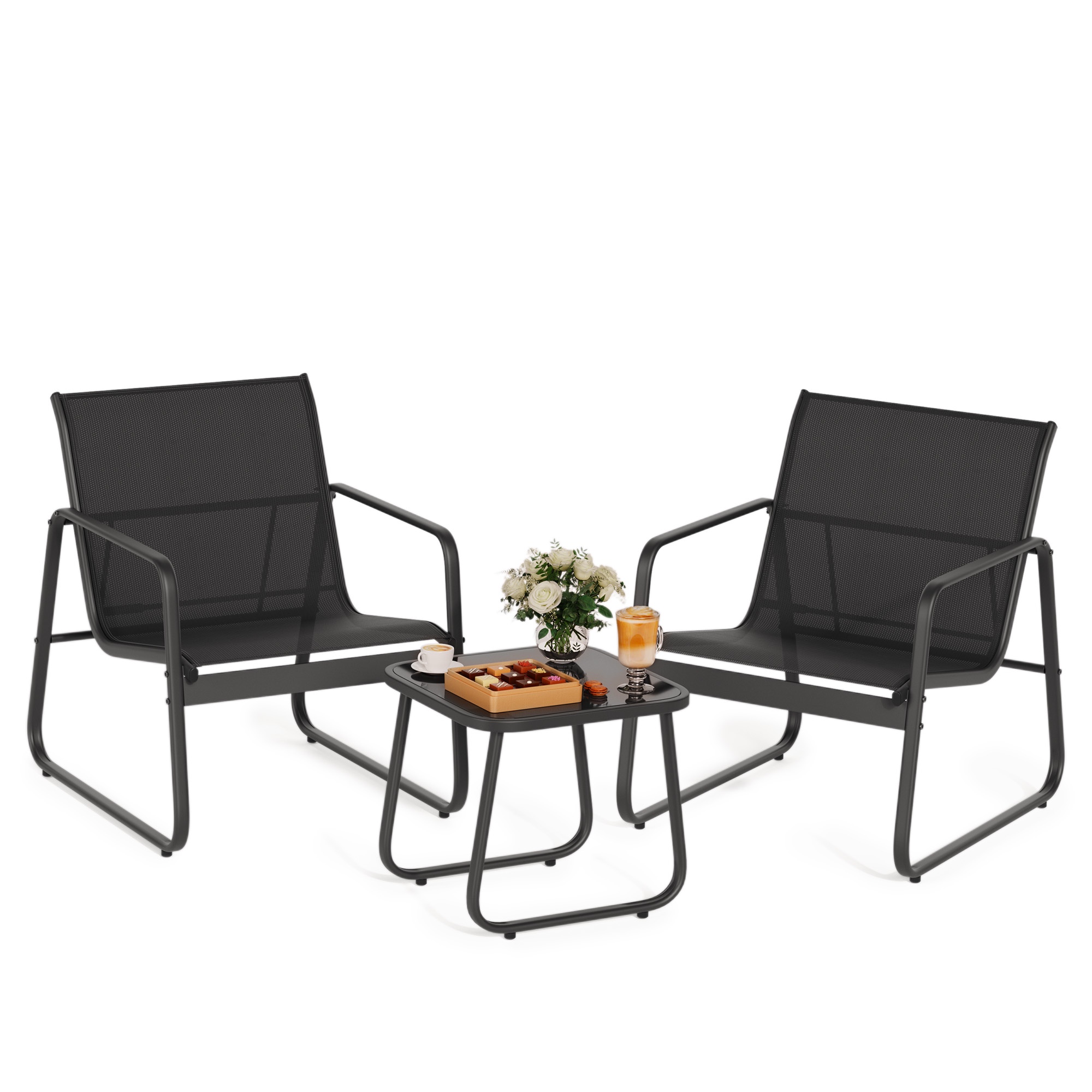 Asofer 3-Piece Outdoor Patio Furniture Set with Glass Table, Bistro  Chairs Set for Poolside, Porch, Lawn, Black