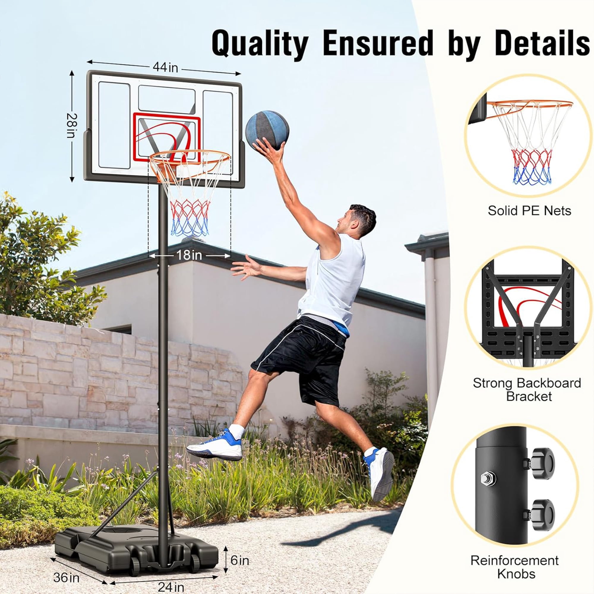 Toremore 44" Basketball Hoop Outdoor 4.43-10ft Adjustable, Portable Basketball Hoop Goal System with Shatterproof Backboard and Larger Base for Kids Youth and Adults