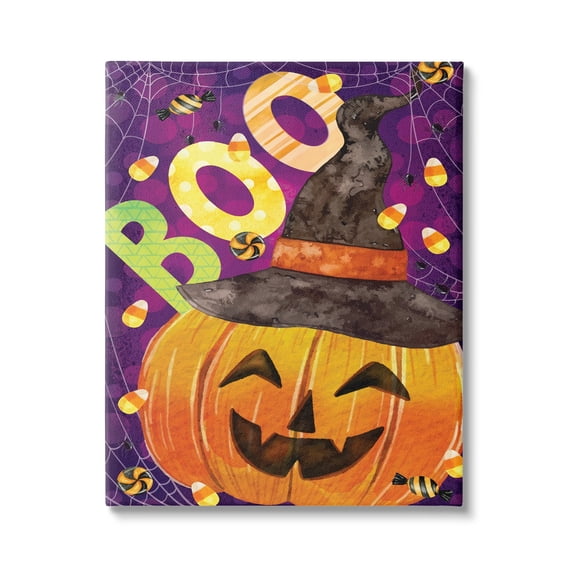Stupell Industries Boo Jack-o-Lantern Halloween Candy Holiday Painting Gallery Wrapped Canvas Print Wall Art