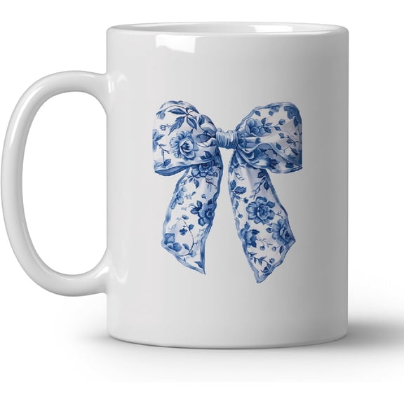 Chinoiserie Floral Bows Coffee Tea Mugs, Coquette Grandmillennial Bows Ceramic Coffee Mug, Vintage Blue Coffee Cup, 11oz Ceramic Cup White
