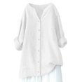 thumbnail image 4 of Huesdet Cotton Linen Shirts for Women 2024 Buttons V Neck Long Sleeve Tops Trendy Dressy Blouses Casual Loose Comfy Tunic Clothes(White,5XL), 4 of 4
