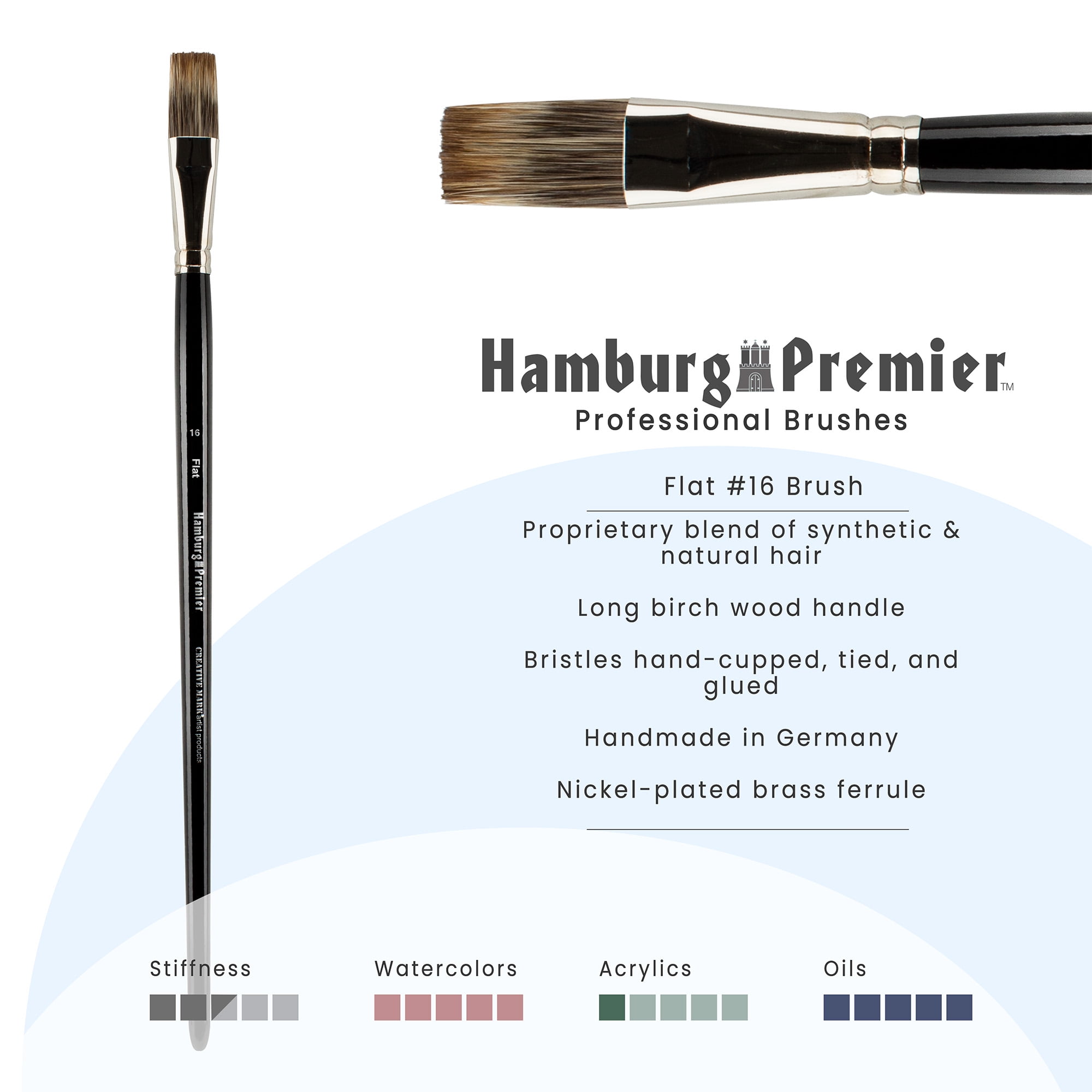 Creative Mark Hamburg Premiere Professional Oil Painting Brushes - Flat #16 Oil Paint Brush - Handmade in Germany, Natural & Synthetic Hair Blend, Long Triple-Lacquered Birch Handle