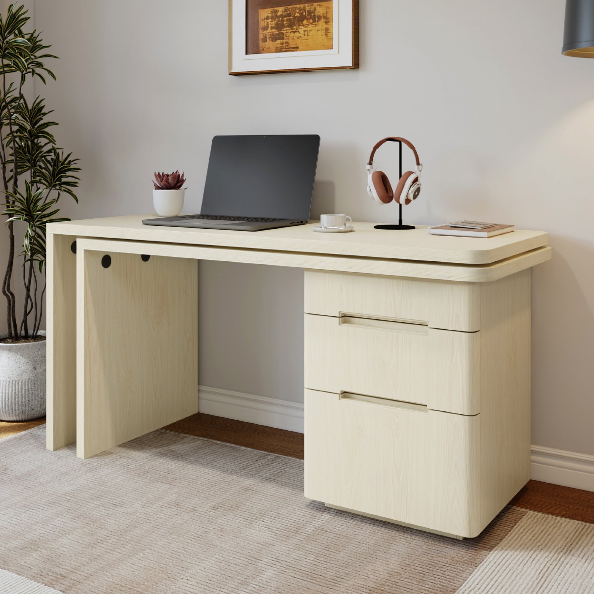 90" Modern L-Shaped Walnut Desk 360° Rotating Corner Executive Desk with 3 Drawers for Home Office,Natural Wood