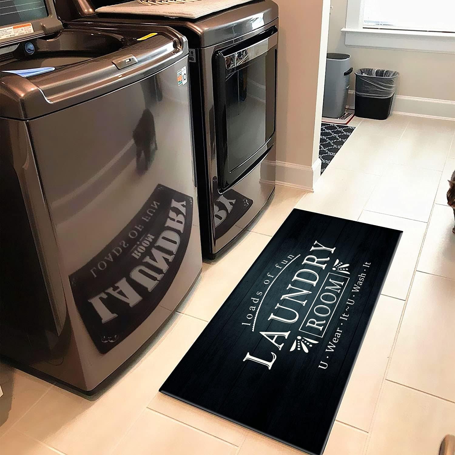 Laundry Room Rug Non Slip Farmhouse Laundry Room Mat 48"X20" Anti-Fatigue Comfort Floor Mat for Washer and Dryer Kitchen Bathroom, Black & Teal