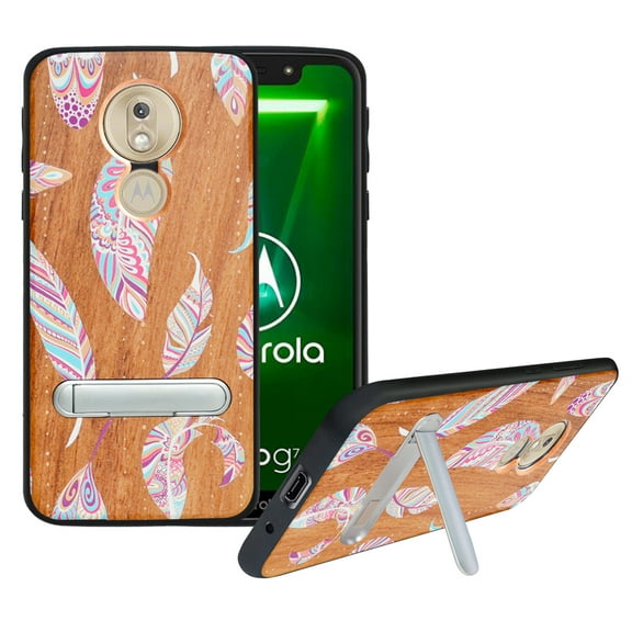 Labanema Motorola Moto G7 Play Case, Motorola Moto G7 Play Cover with Metal Kickstand, Natural Wood TPU Cover, Anti Scratch Case for Motorola Moto G7 Play (Feather)
