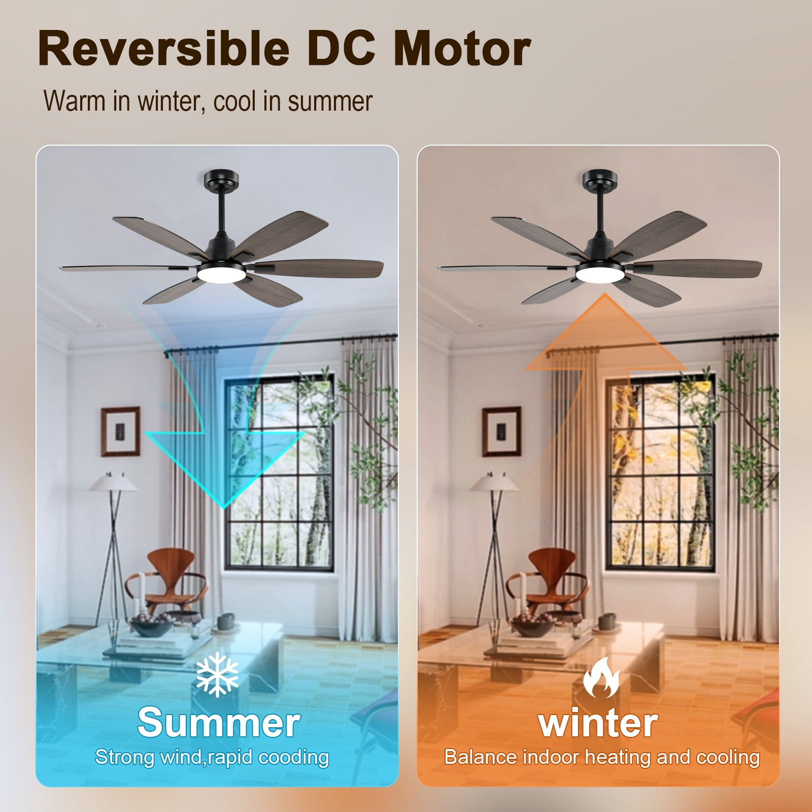 Ayaoty Ceiling Fans with Lights, 52 Inch Ceiling Fan with Light and Remote, 3CCT Dimmable, 6 Speed Reversible DC Motor,5 Blades Modern Brown Ceiling Fan for Bedroom, Indoor/Outdoor Use