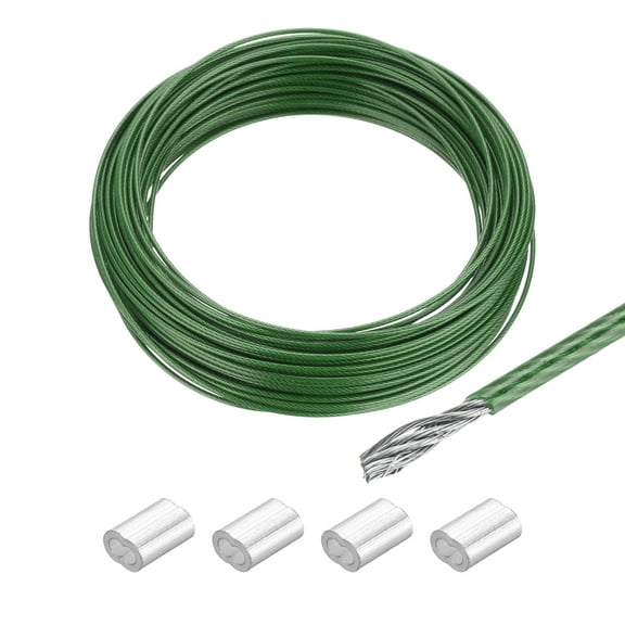 66Ft(20M) Wire Rope 304 Stainless Steel Cable 1/16" (1.5 mm) Vinyl Coated with 4pcs Aluminum Sleeves Green