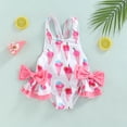 thumbnail image 2 of ITFABS Kids Girls One-Piece Swimwear, Sleeveless Printed Bowknot Ruffled Triangle Bathing Romper, 2 of 9