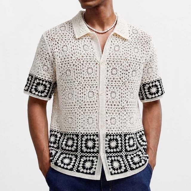 Ceisia Men's Summer Lightweight Geometric Patchwork Open Knit Short Sleeve Button Down Cardigan for Casual and Vacation Wear Multicolor XL Gifts