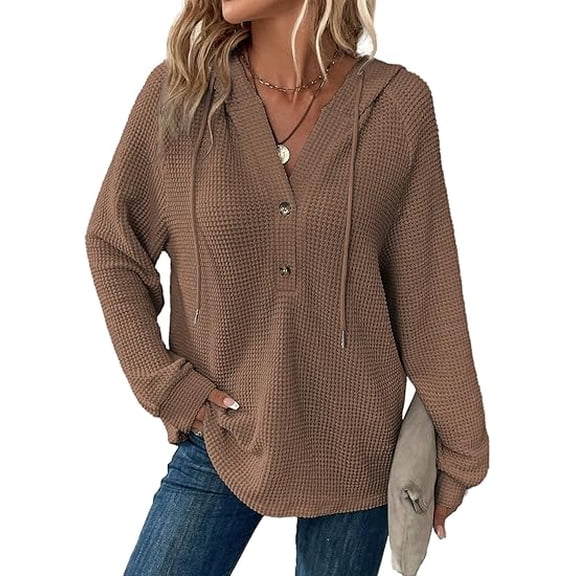 Hoodies for Women Waffle Knit Long Sleeve Drawstring Button V Neck Casual Pullover Sweatshirt Hooded Blouses
