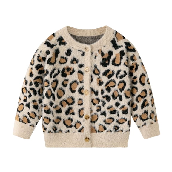 Mercatoo Toddler Girls Coquette Leopard Cardigan Soft Fuzzy Button Up Knit Top with Classic Animal Print Kids Casual Fall Sweater