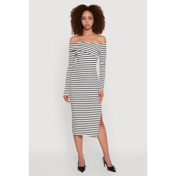 Womens Striped Asymmetrical Fold Over Off The Shoulder Side Slit Dress
