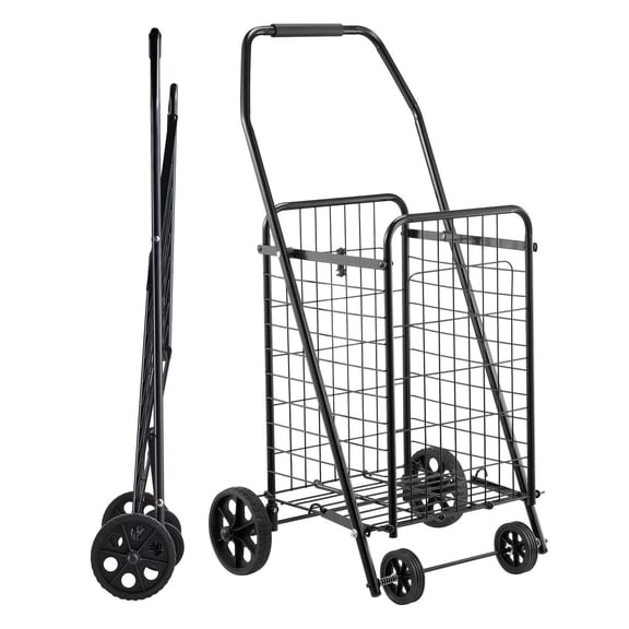 Folding Grocery Cart with Wheels - 90 LBS Heavy Duty Utility Cart, Large Capacity Laundry Basket on Wheels for Shopping, Camping, Luggage - Black
