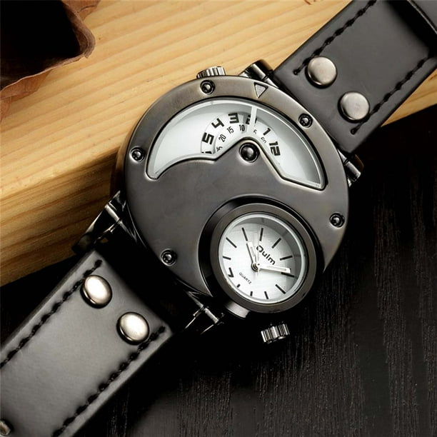 Oulm Watch Two Time Zone Man Quartz Watches Brand Luxury Leather