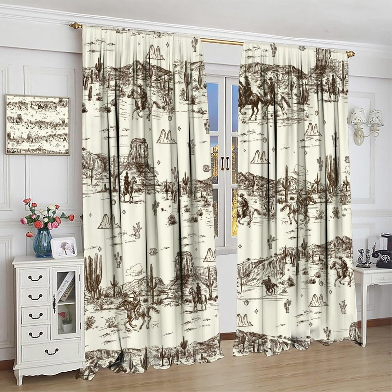 Vintage American Wilderness Western Cowboy Blackout Curtains for Bedroom,Sketch Style Western Cowboy Cacti Room Darkening Window Curtains with Rod Pocket - 2 Panels 84" L x 42" W
