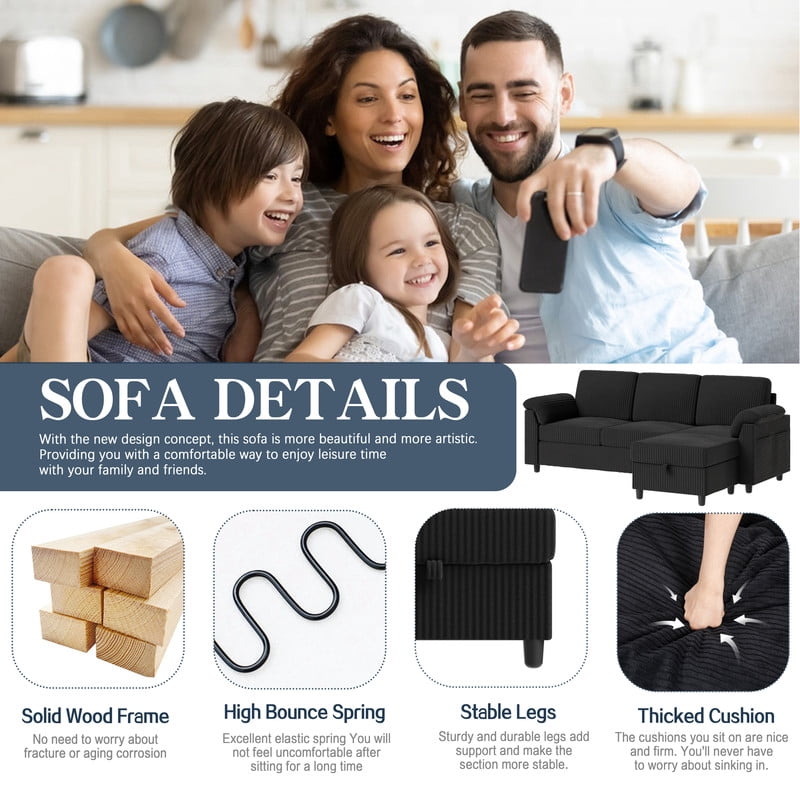 Walsunny 79" Convertible Sectional Sofa, L Shaped Sofa Couch with Reversible Chaise for Living Room Modern Linen Fabric for Living Room, Black
