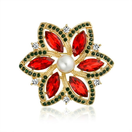 - Red Marquise Crystal Simulated Pearl Fashion Large Statement Holiday Poinsettia Flower Brooch Pin For Women Gold Plated