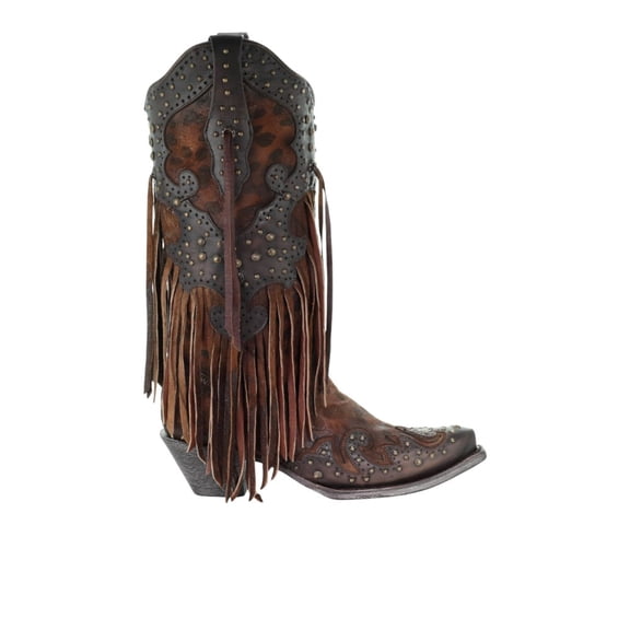 Corral Boots Womens Leopard Print Fringe Snip Toe Cowboy Mid Calf Boots
