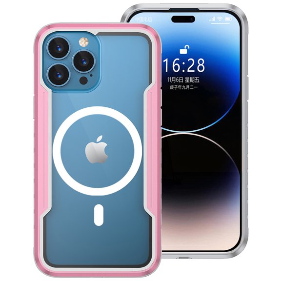 ELEHOLD Rugged Magnetic Case for iPhone 15 Plus,Hard PC Clear Back Aluminium Alloy Silicone Bumper Frame Compatible with Mag Safe Translucent Clear Shockproof Protective Case, Rosegold