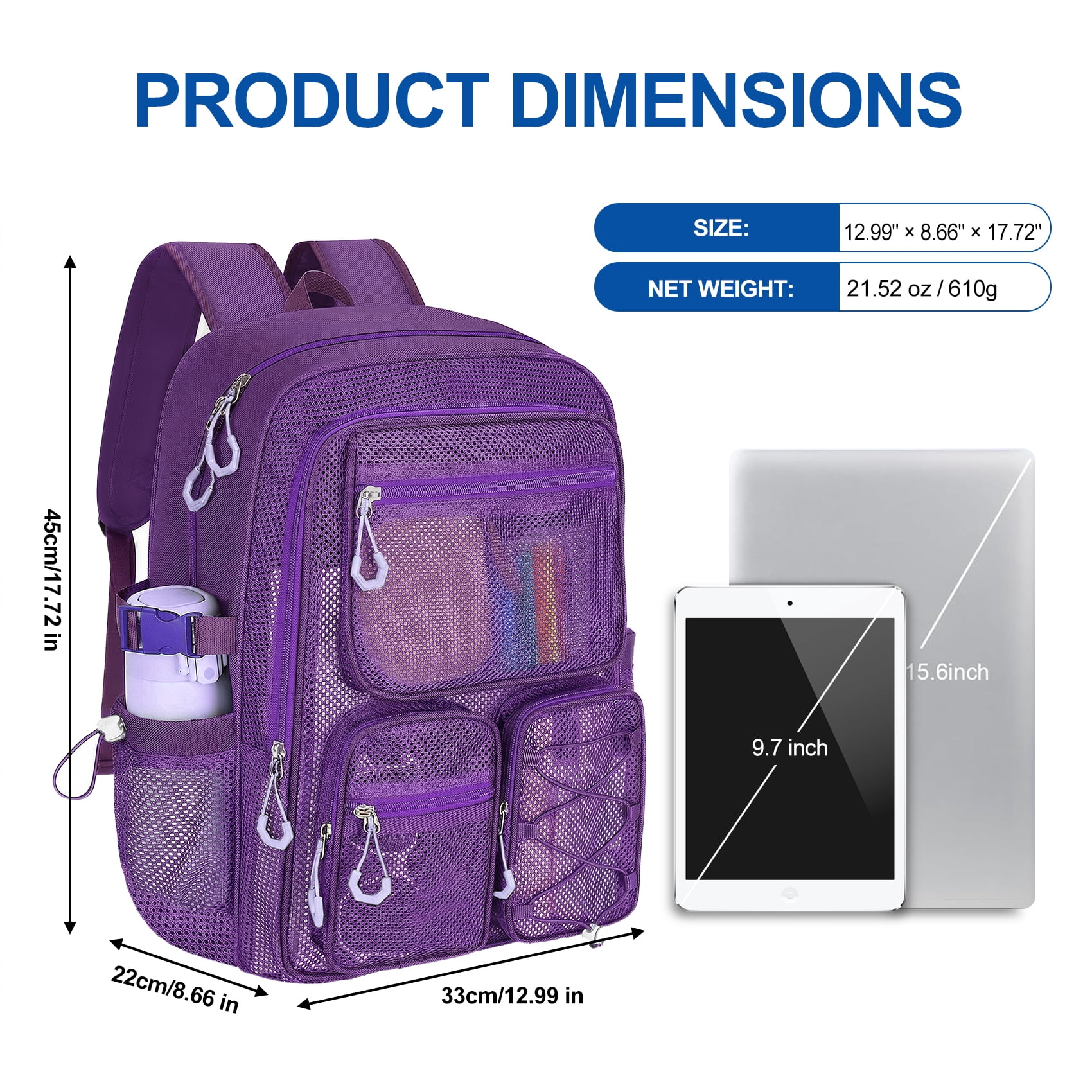 KOITHOT Mesh Backpack Heavy Duty, Stadium Approved Multi-Pocket Beach Backpacks for Adults, See Through Transparent Mesh Bookbag for School & Travel(Purple)