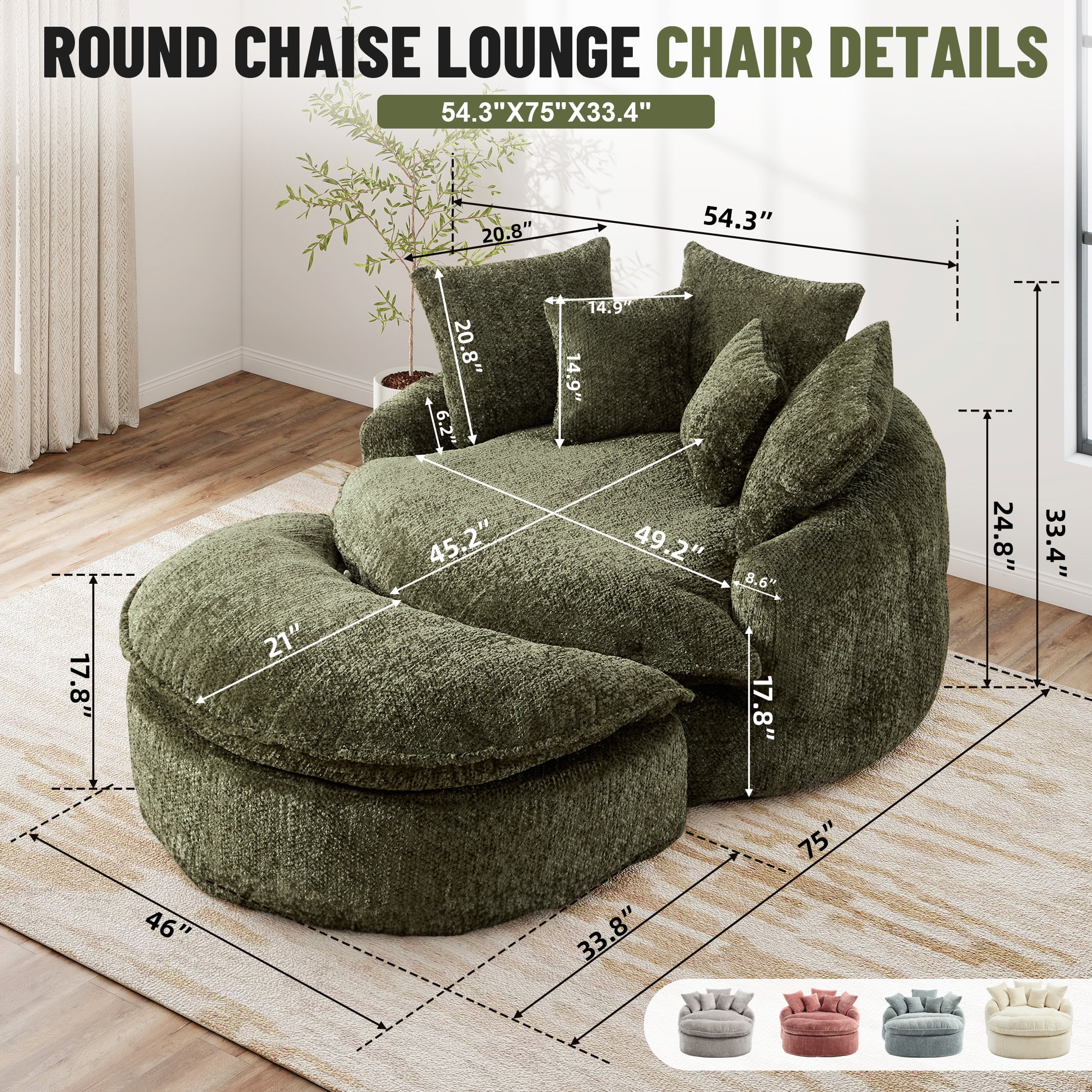 Aukfa 75" Oversized Round Chaise Lounge Chair with Half Moon Ottoman, Boneless Cloud Circle Deep Seat Sofa Set for Living Room, 5 Pillows, No Assembly Required, Olive