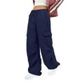 thumbnail image 2 of IROINNID Women's Cargo Pants Vintage Street Style Star Print Spicy Girl Low Waist Straight Tube Slimming Pants,Dark Blue, 2 of 8