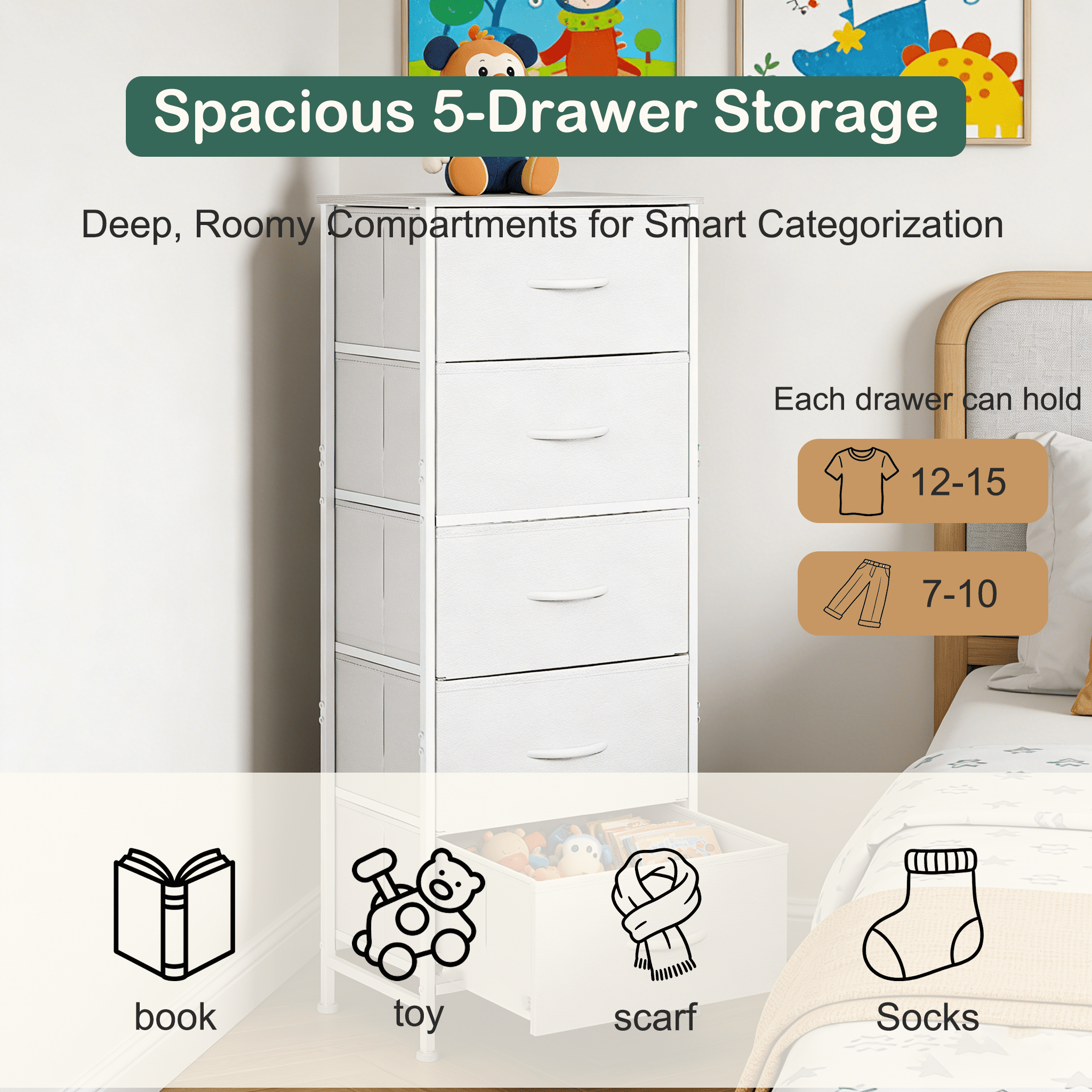 Aidoly 5-Tier Fabric Drawer Storage Organizer with Solid Surface Top - Multi-Functional Bedside & Room Organizer, White