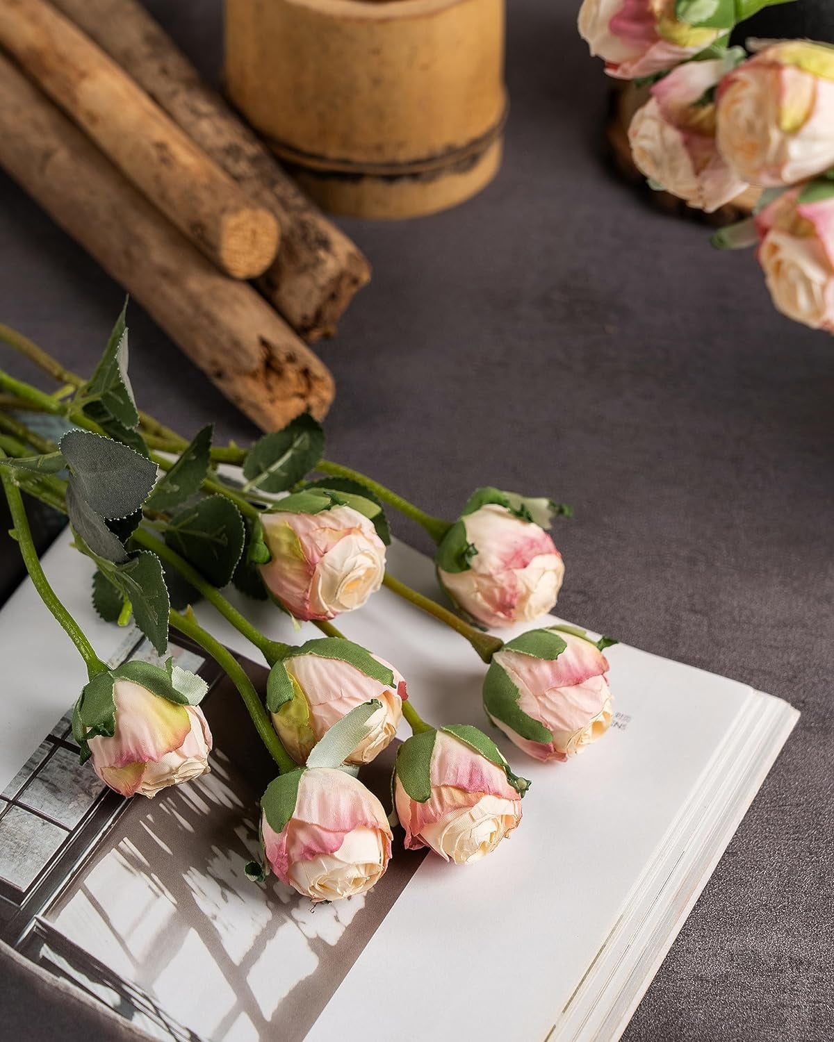 24pcs Artificial Vintage Roses Fake Silk Rose Flowers with Long Stem for DIY Bouquets Wedding Centerpiece Party Home Kitchen Decoration(Cream Pink)