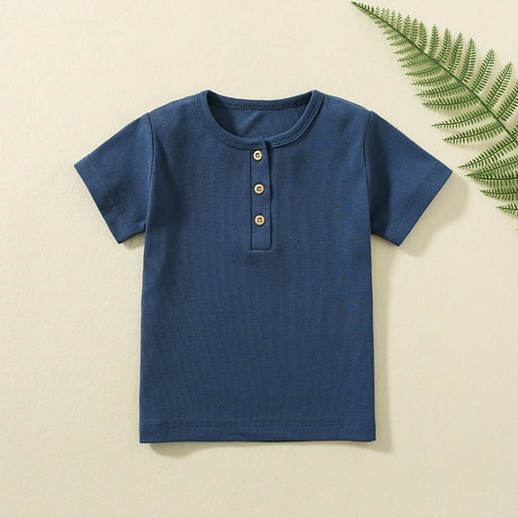 Summer Tops Toddler Kids Boys Summer Solid Short Sleeve Casual T Shirt Lightweight Breathable Soft Top with Button Embellishment Baby Boy Summer Clothes Blue 2 Years-3 Years