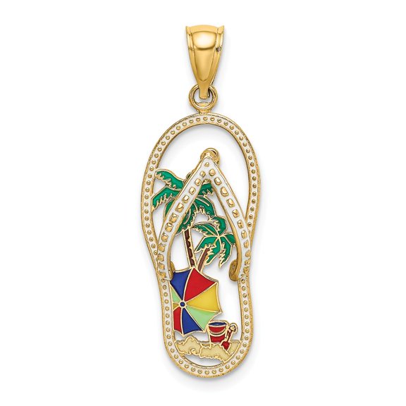FB Jewels 14K Yellow Gold Palm Tree Beach Scene Flip-Flop with Enamel Cut out Pendant