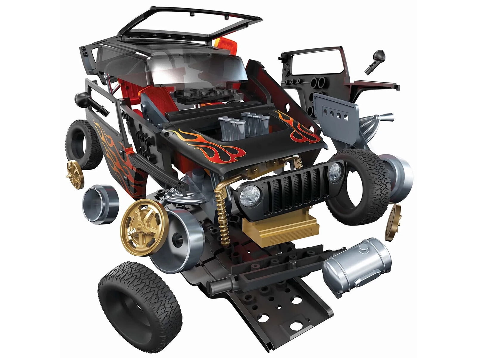 Skill 1 Model Kit Jeep (Quicksand) Concept Black with Flames Snap Together Painted Plastic Model Car Kit by Airfix Quickbuild