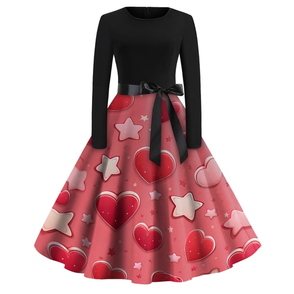 Fgvctg Valentine's Day Cocktail Dresses for Women Love Heart Graphic Cocktail Dress Vintage Crewneck 50's Dress Long Sleeve Dressy Elegant Outfits Watermelon Red 3XL