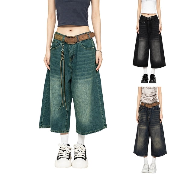 VBVC Women's High Waist Wide Leg Culotte Jeans,Washed Vintage Cropped Denim Pants For Women,Ladies Y2K Stretchy Streetwear Jeans with Pockets,Black,S-3XL