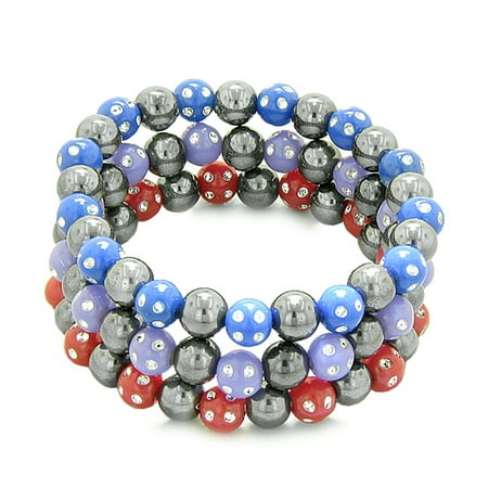 - Amulets Set of 3 Individual Simulated Hematite Magnetic Bracelets Red, Purple, Midnight Blue Crystals