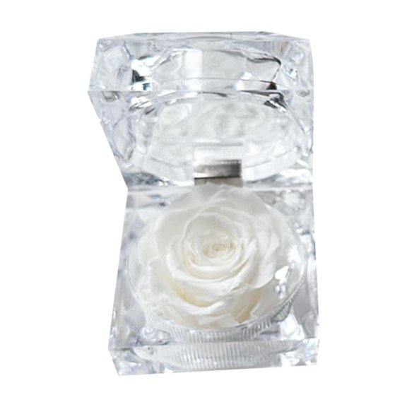 Clear Acrylic Ring Jewelry Box with White Preserved Rose, Transparent Display Case for Engagement Proposal, Valentine Gift Box